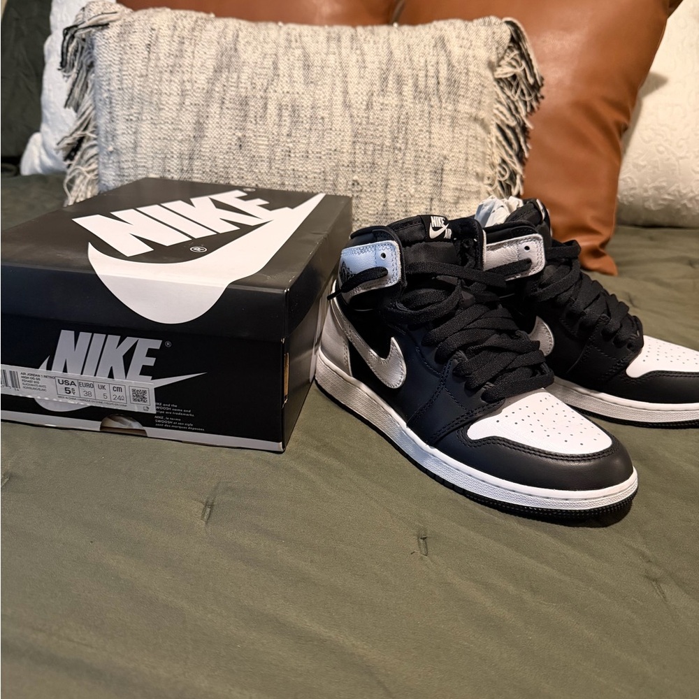 Jordan Black and White High-Top Sneakers with Silver Swoosh